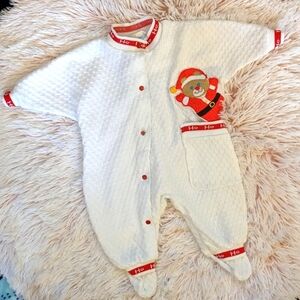 Vintage Carter's Santa Bear Embroidered White Waffle Knit Footed Romper 0-3m